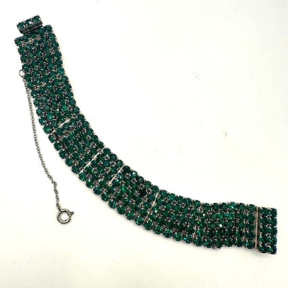 1950s vintage silver tone 5 row emerald green glass rhinestones tennis bracelet